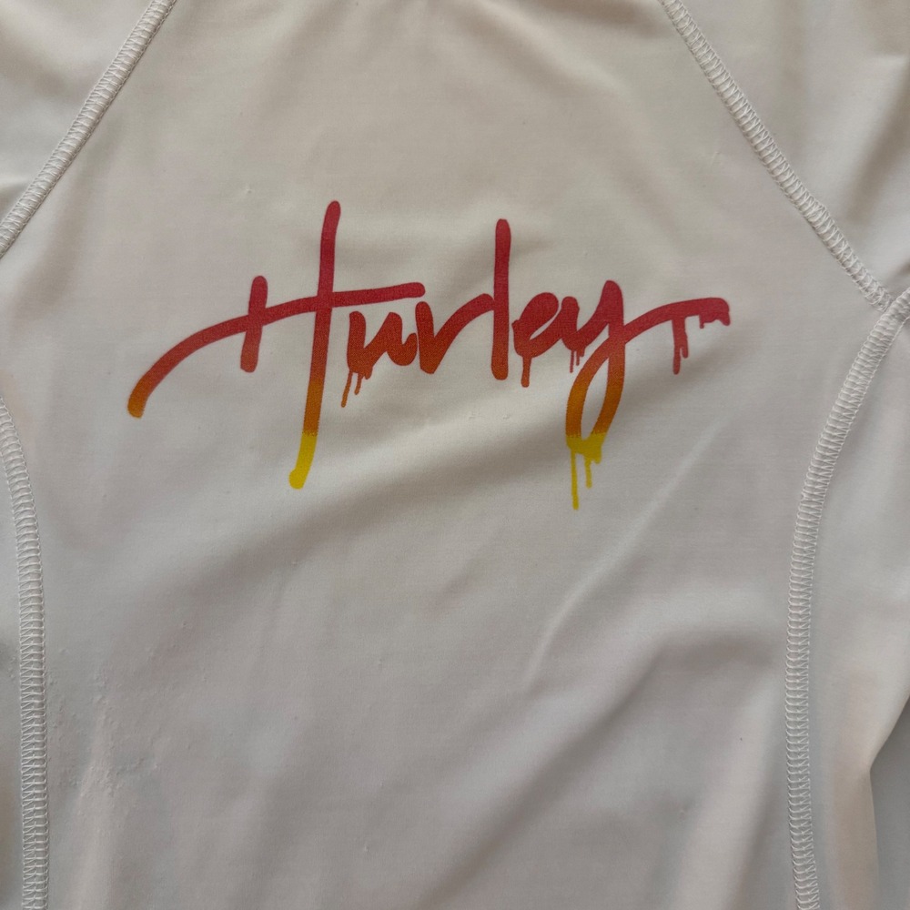 Hurley Short Sleeve Rash Guard Top White Red Drip‎ Logo Sun Protection M Youth